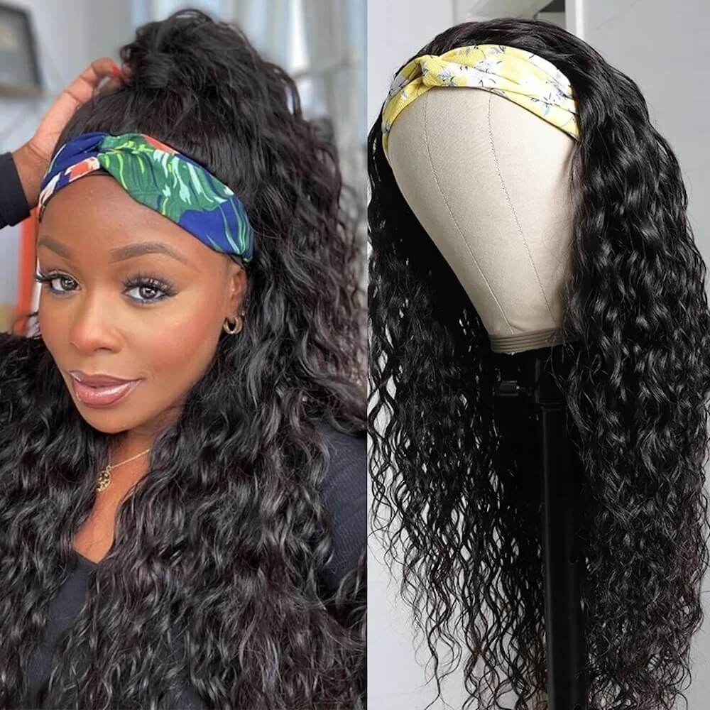 Headband Wig Human Hair Water Wave Glueless None Lace Wigs With Baby Hair