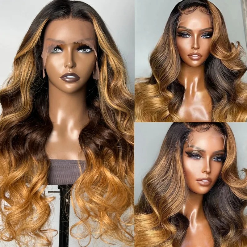 13x4 Lace Front Blonde Highlights Beyon-Celebrity Style Loose Wave Ombre Wig