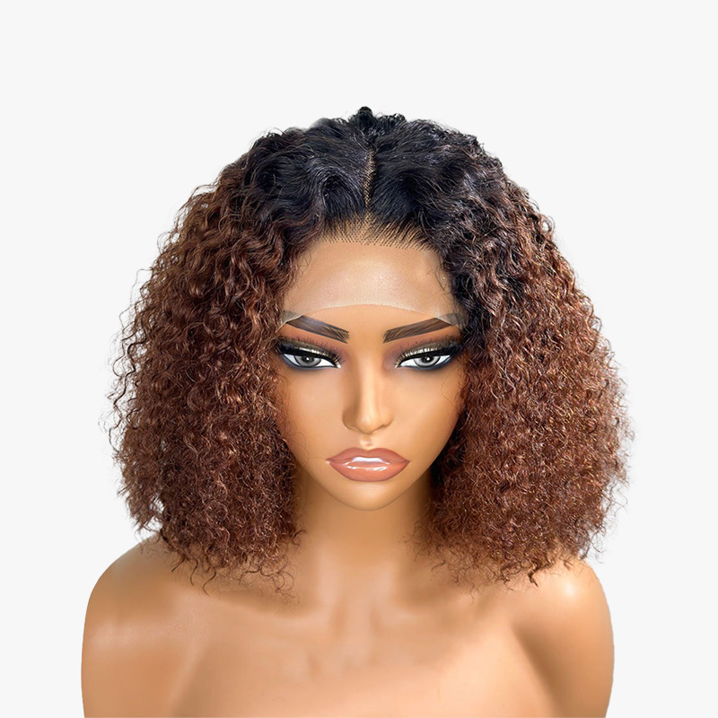 13x4 Lace Front Wig Human Hair Brown Ombre Colored Curly Bob Wig