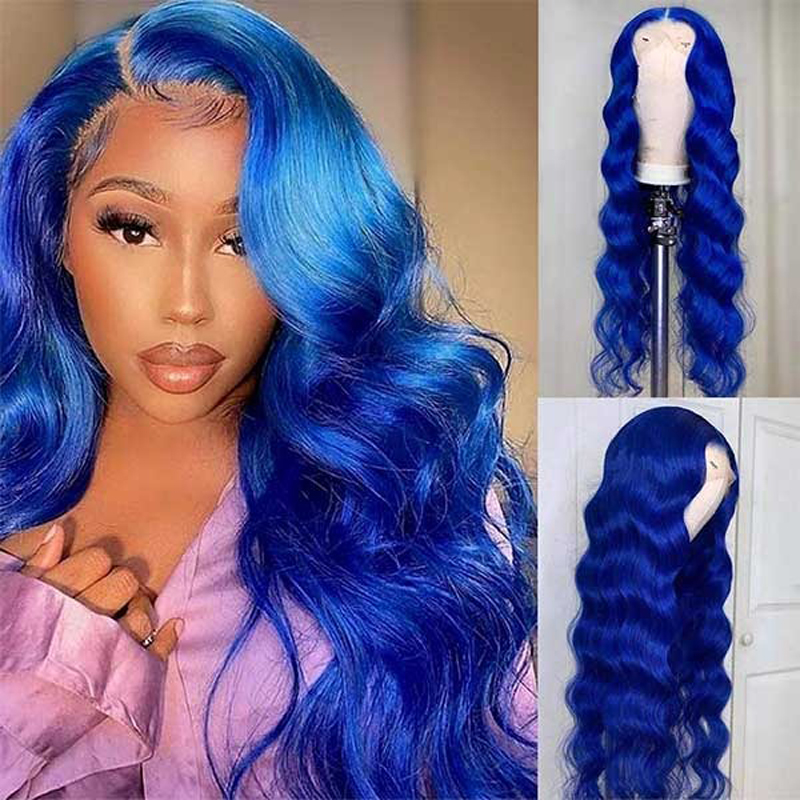 13X4 Lace Front Wigs Blue Colored Wavy Wigs 100% Human Hair Pre-Plucked