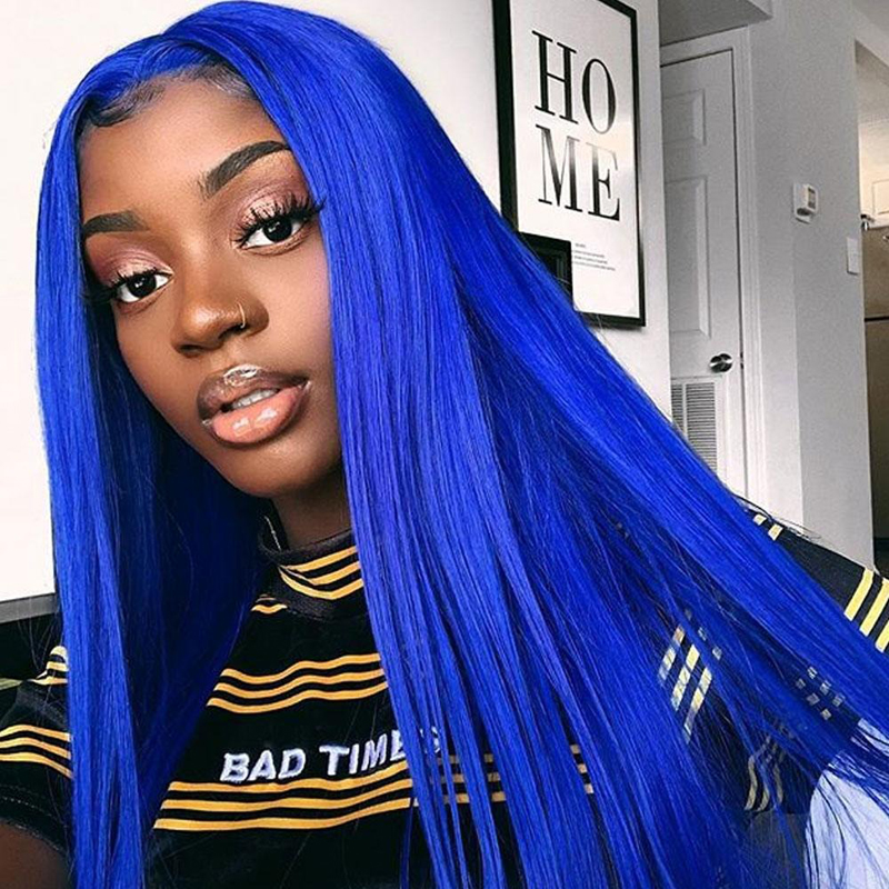 13X4 Lace Front Wigs Blue Colored Wavy Wigs 100% Human Hair Pre-Plucked