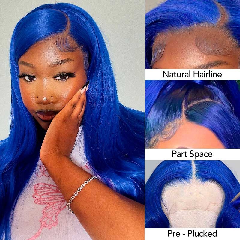 13X4 Lace Front Wigs Blue Colored Wavy Wigs 100% Human Hair Pre-Plucked