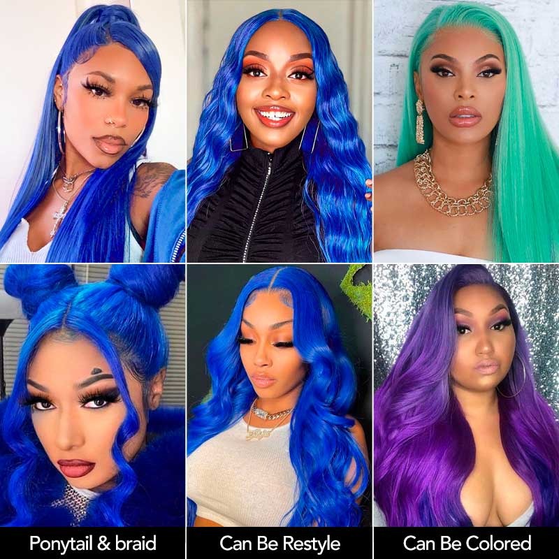 13X4 Lace Front Wigs Blue Colored Wavy Wigs 100% Human Hair Pre-Plucked