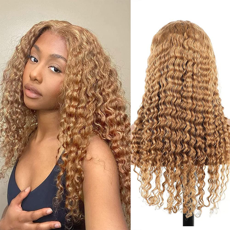13x4 Lace Wig #27 Light Brown Water Wave Curly Human Hair Wigs
