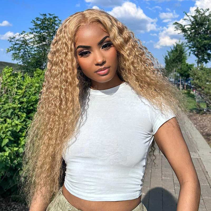 13x4 Lace Wig #27 Light Brown Water Wave Curly Human Hair Wigs