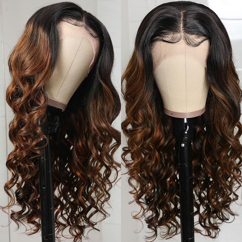 13x6 Front Lace Medium Auburn And Black Balayage Lace Front Body Wave Wig