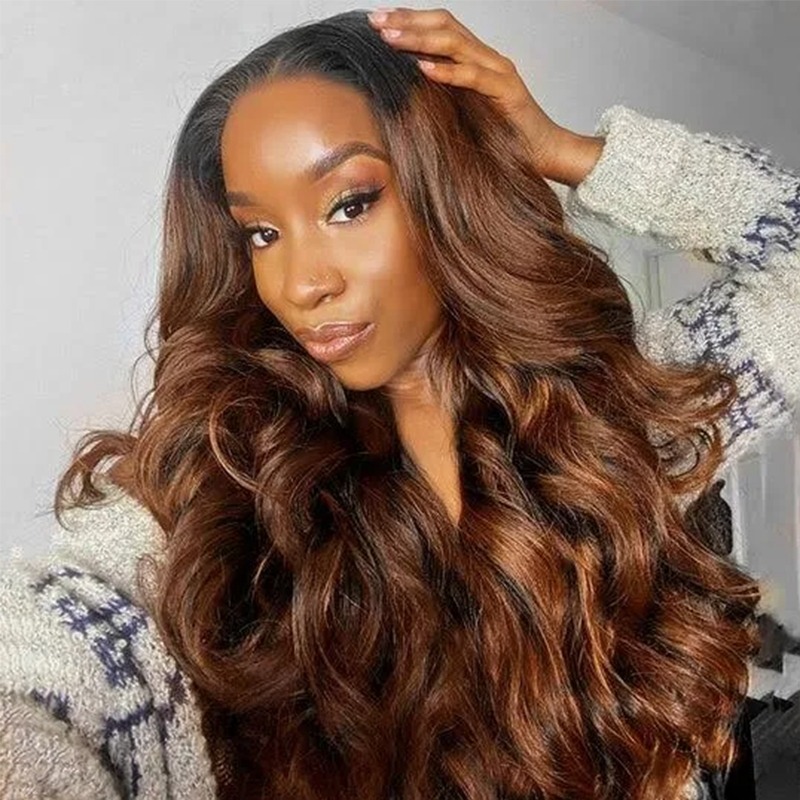 13x6 Front Lace Medium Auburn And Black Balayage Lace Front Body Wave Wig