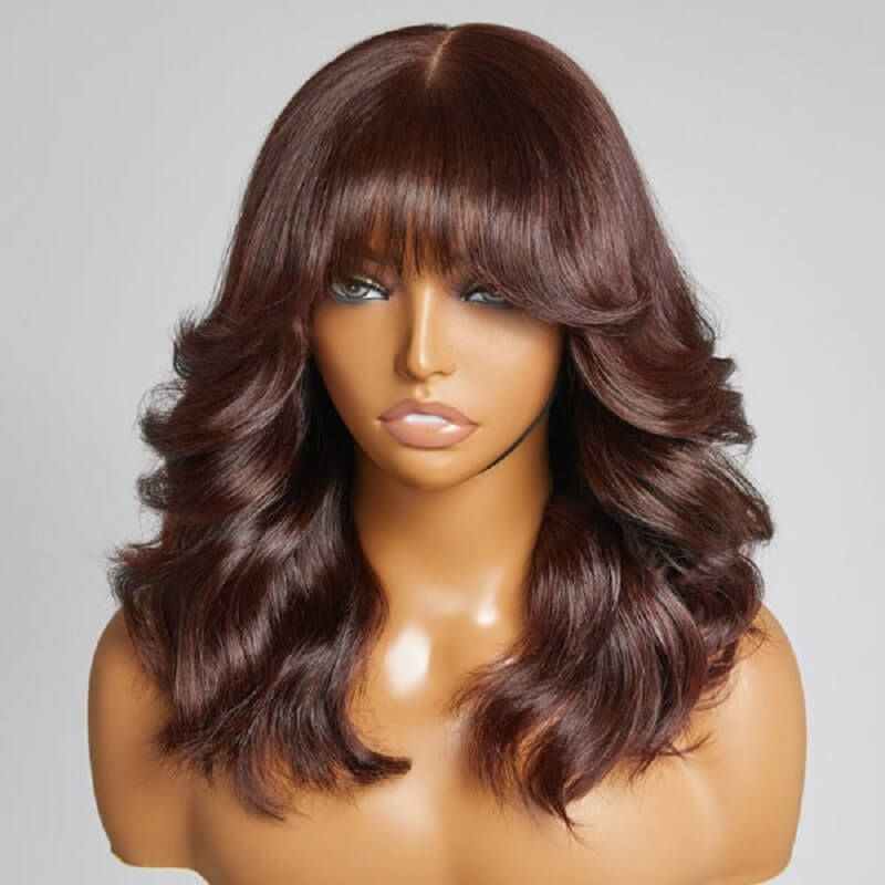 Luve Layered Chocolate Brown Loose Wave With Bangs 5X5 Closure Lace Bob Wig 
