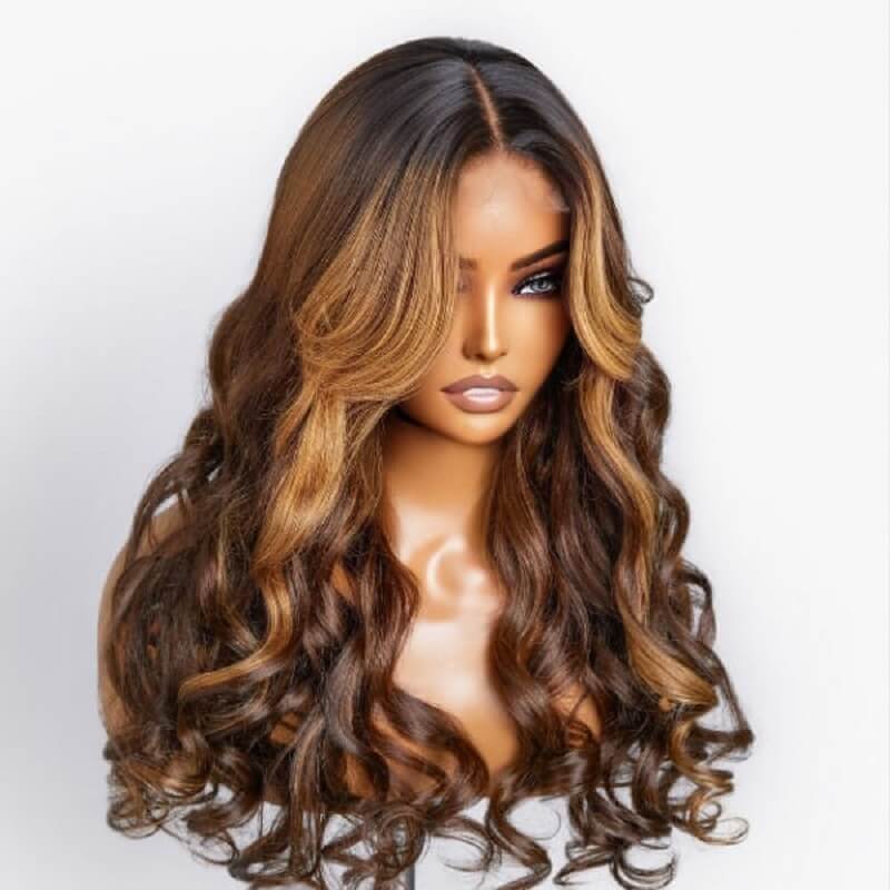 Luve Brown Highlight Wave Wig With Bangs 13X4 Lace Front Wig