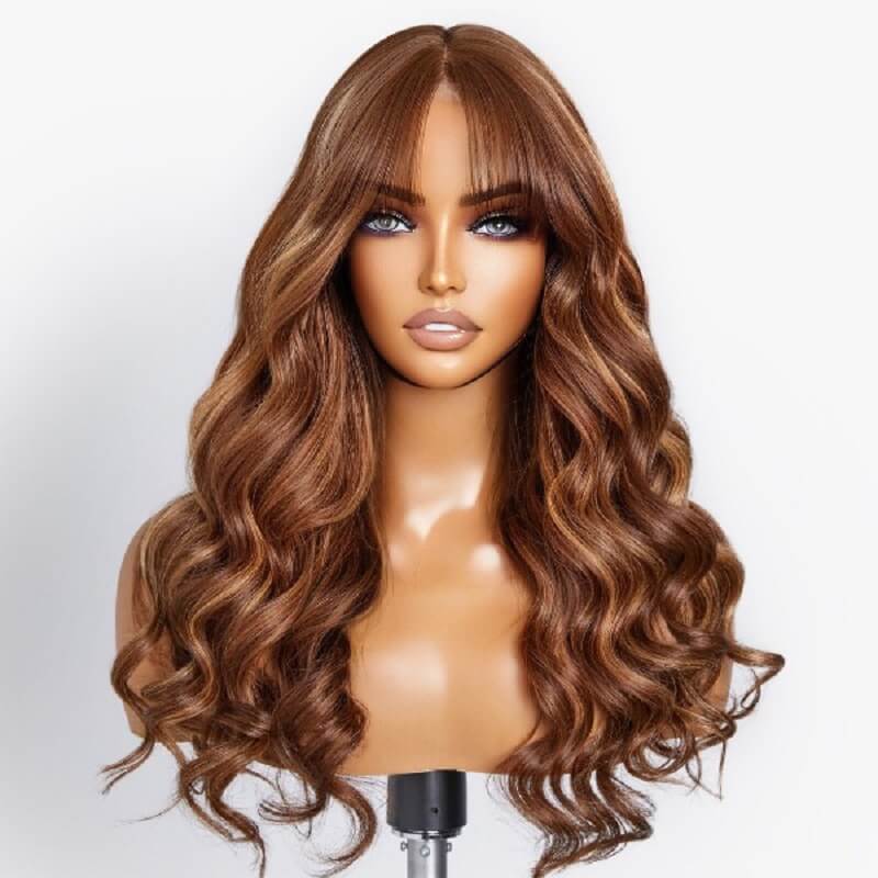 Luve Brown Highlight Wave Wig With Bangs 13X4 Lace Front Wig