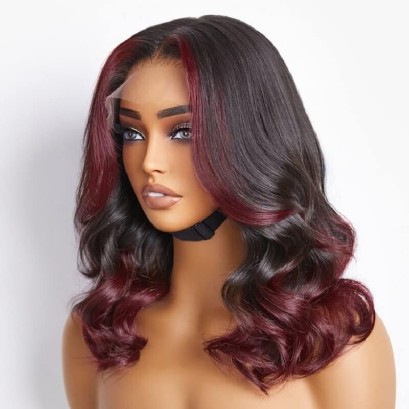 Luve Dark Red Highlight Wave Bob Glueless 5x5 Closure HD Lace Wig