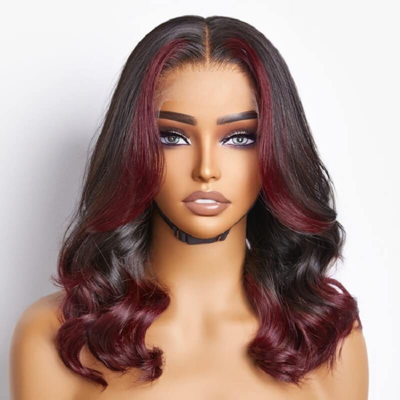 Luve Dark Red Highlight Wave Bob Glueless 5x5 Closure HD Lace Wig