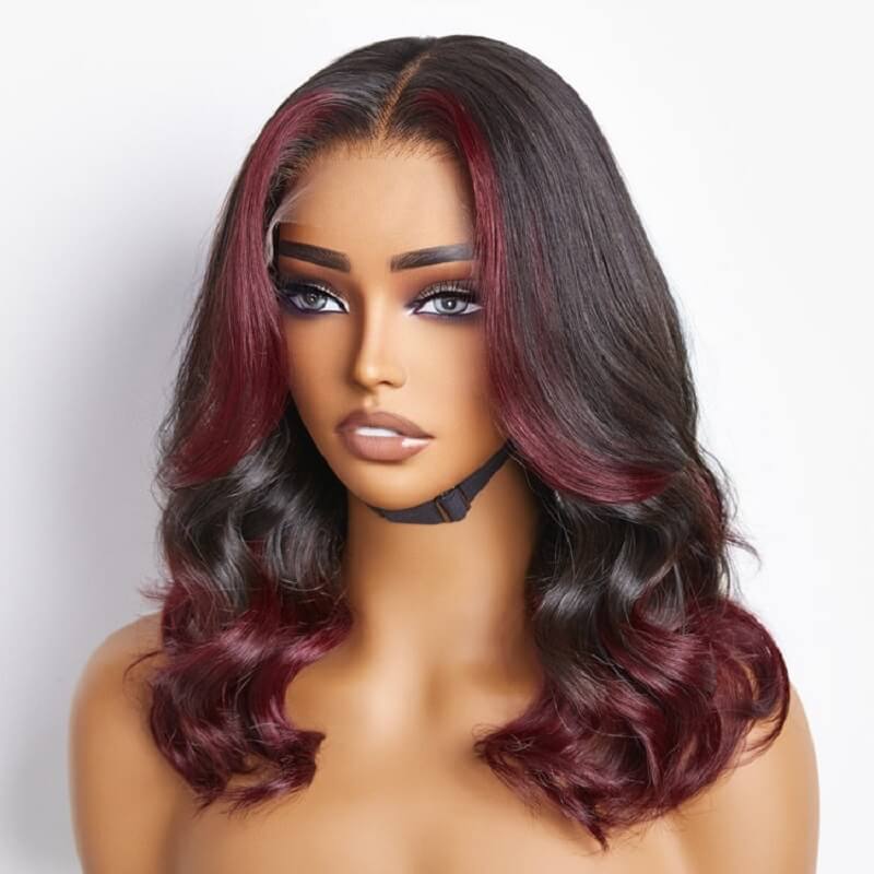 Luve Dark Red Highlight Wave Bob Glueless 5x5 Closure HD Lace Wig