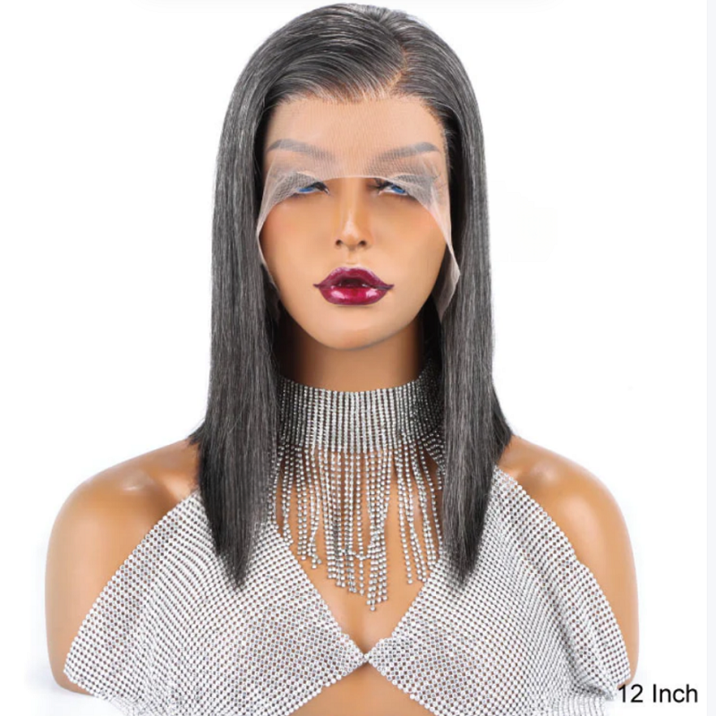 Salt & Pepper Wigs Grey Color Straight Bob Glueless 13X4 Lace Frontal Wig