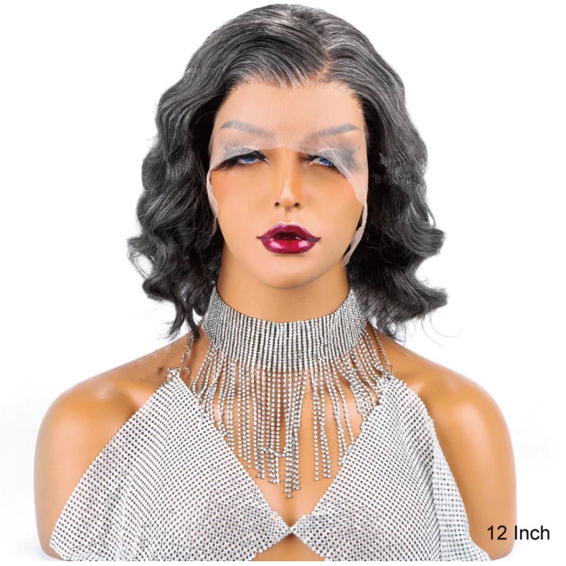 Salt & Pepper Wigs Wavy Bob 13X4 Front Lace Wig Glueless Human Hair