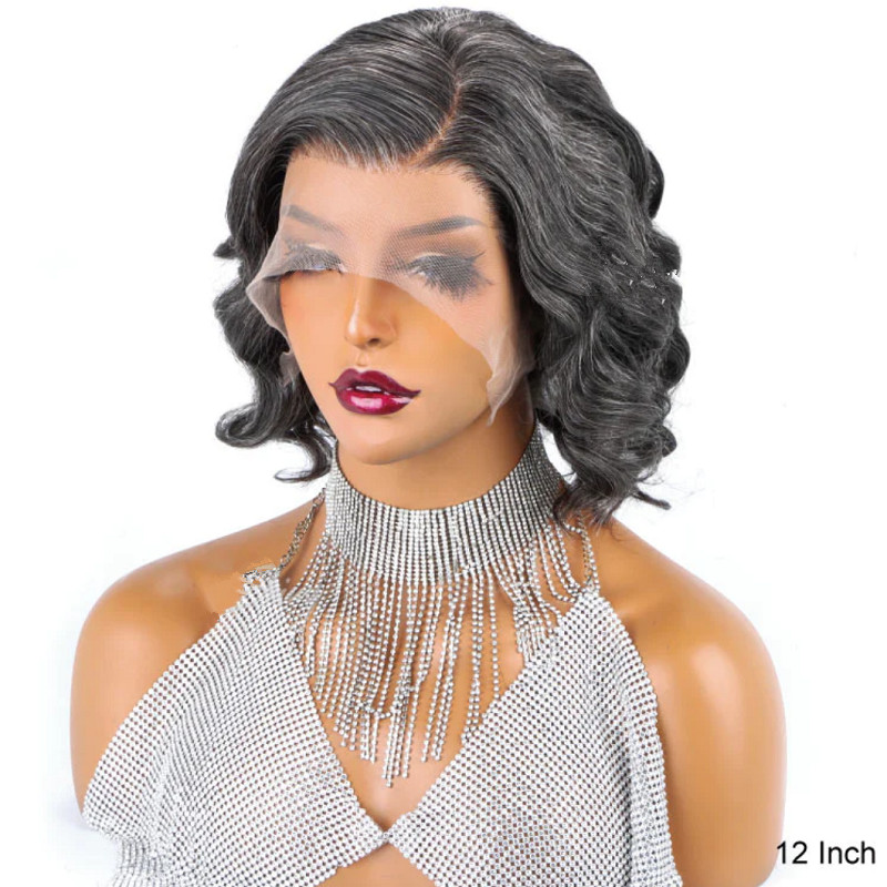 Salt & Pepper Wigs Wavy Bob 13X4 Front Lace Wig Glueless Human Hair