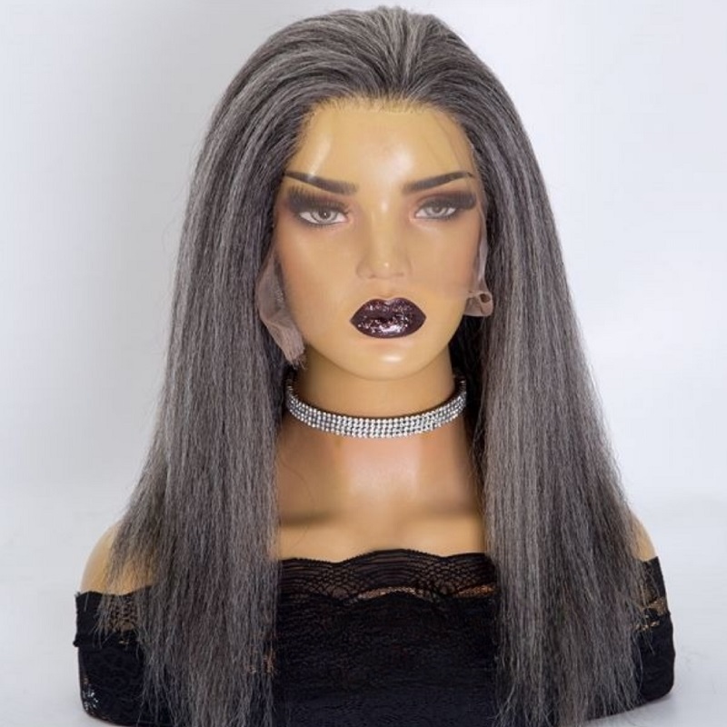 Salt & Pepper Wigs Grey Kinky Straight Wig Glueless 13X4 Lace Frontal Wig