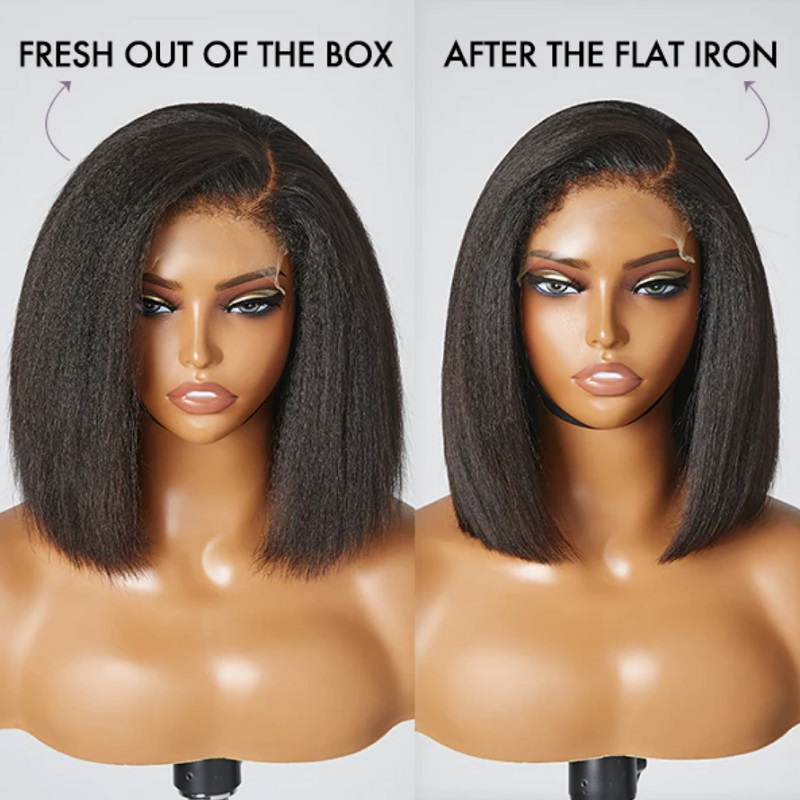 Luve 4C Edges Kinky Straight 10 Inch Bob Human Hair 4x4 Lace Closure Wigs