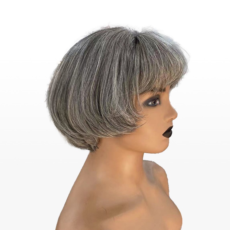 Salt And Pepper Short Pixie Cut Wig Glueless With Bangs For Mom