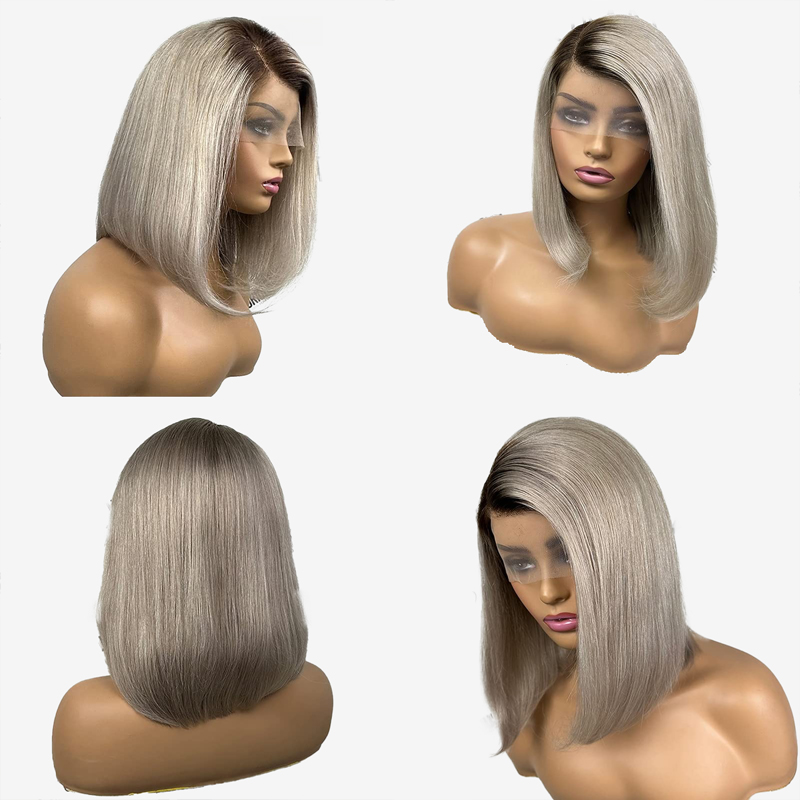 180% Density Ombre Ash Blonde Wigs Human Hair Gray Straight Short Bob Wig