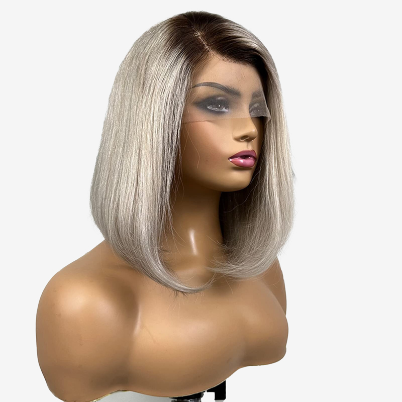 180% Density Ombre Ash Blonde Wigs Human Hair Gray Straight Short Bob Wig