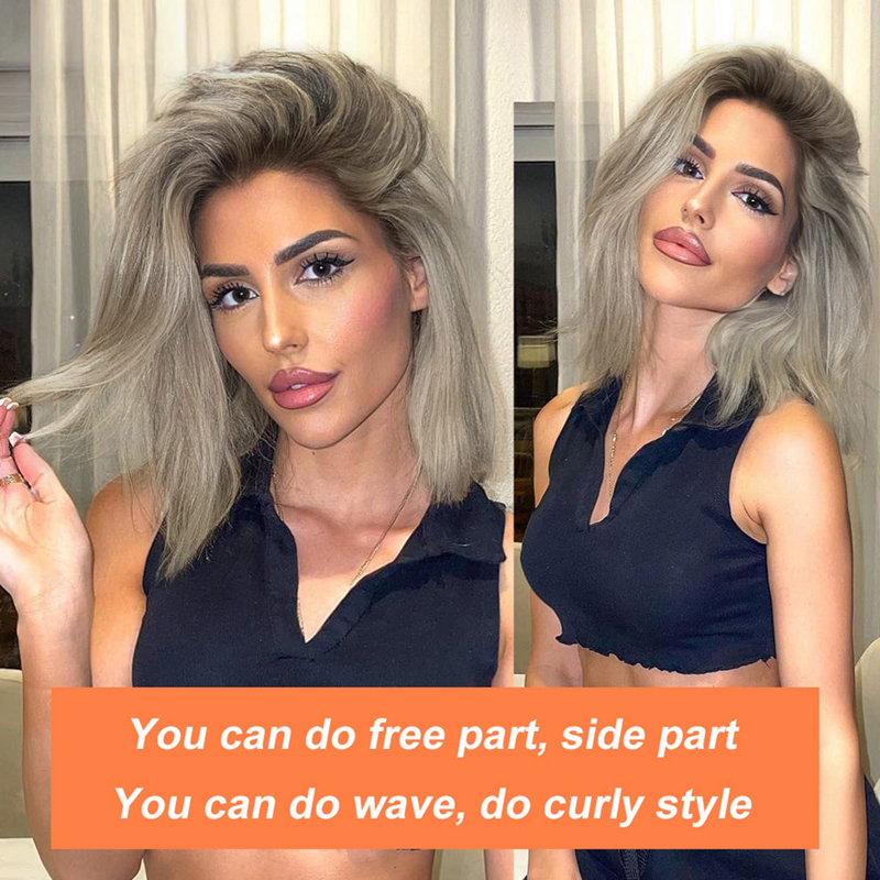 180% Density Ombre Ash Blonde Wigs Human Hair Gray Straight Short Bob Wig
