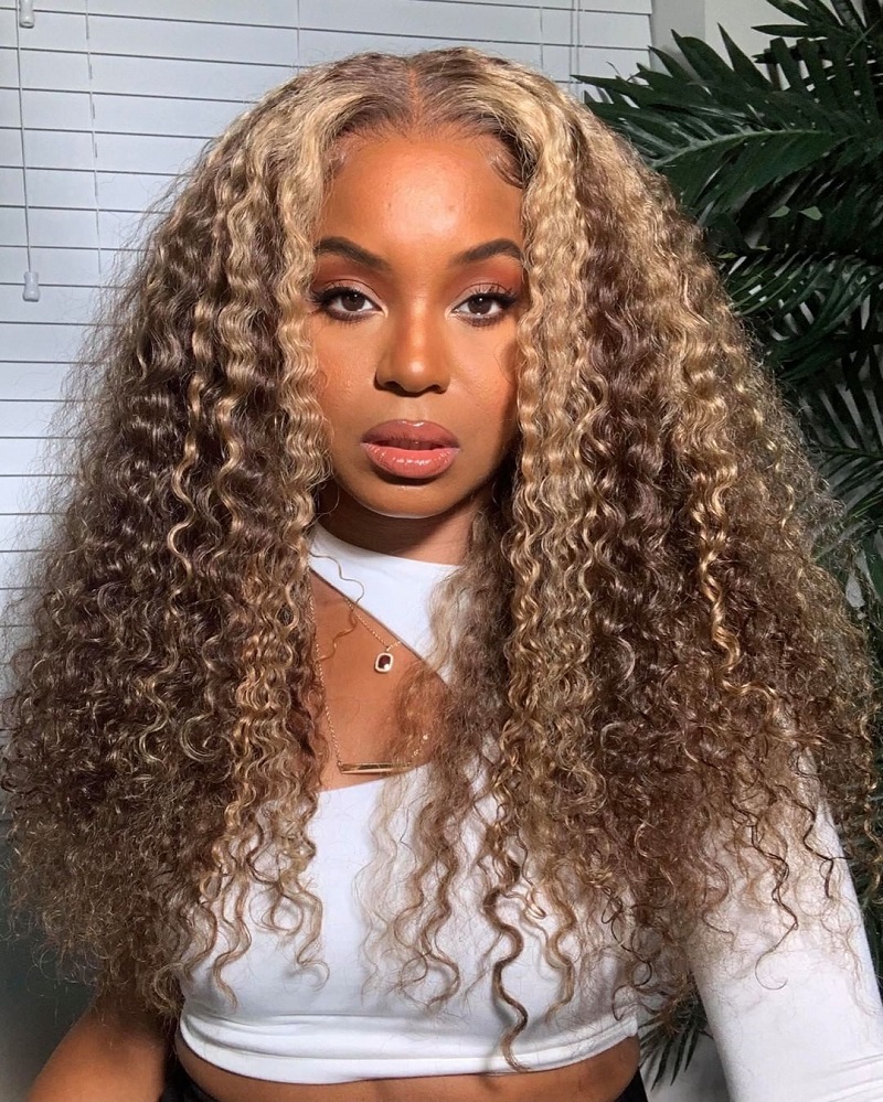 Luve Honey Brown Highlight Glueless V Part Wig Kinky Curly Wigs Beginner Friendly