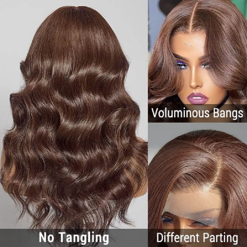 Luve Stylish Layered Bangs Chestnut Brown Loose Wave 5×5 Closure Lace Wig With Bangs