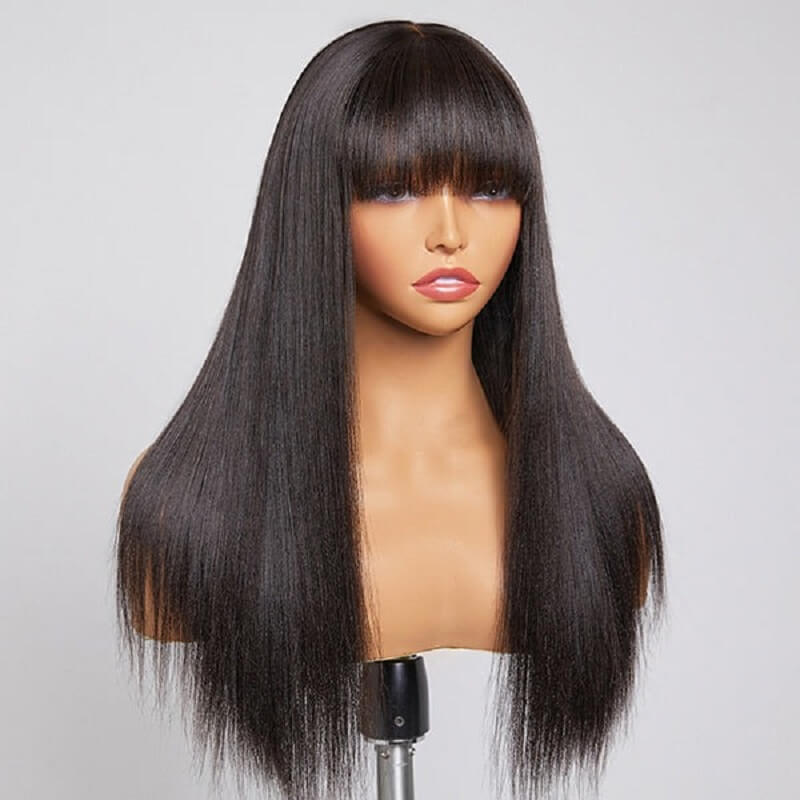 Luve Realistic Yaki Straight 13X4 Lace Frontal  Wig With Bangs Minimalist 100% Human Hair