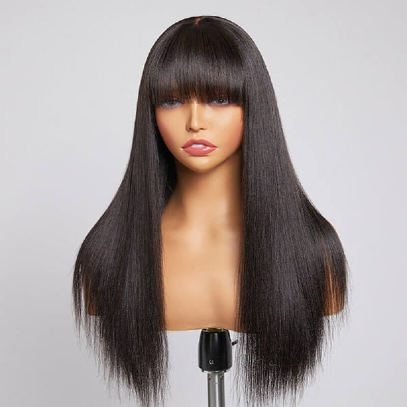 Luve Realistic Yaki Straight 13X4 Lace Frontal  Wig With Bangs Minimalist 100% Human Hair