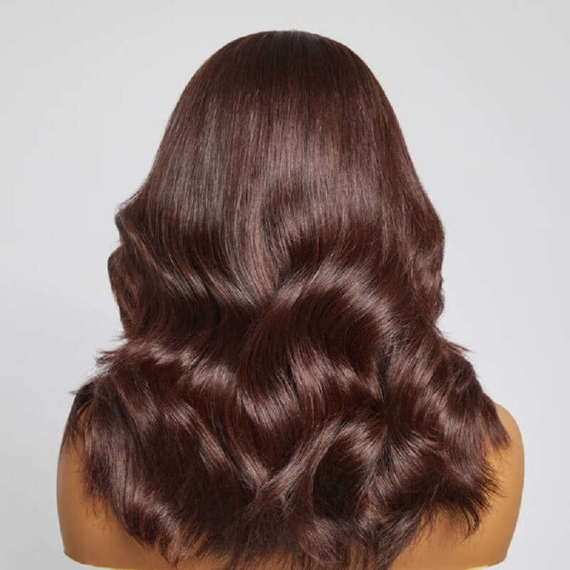 Luve Layered Chocolate Brown Loose Wave With Bangs 5X5 Closure Lace Bob Wig 