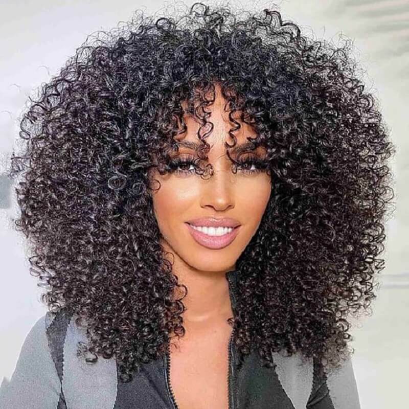 Afro Kinky Curly Human Hair Wigs with Bangs Short Wigs for Women Glueless