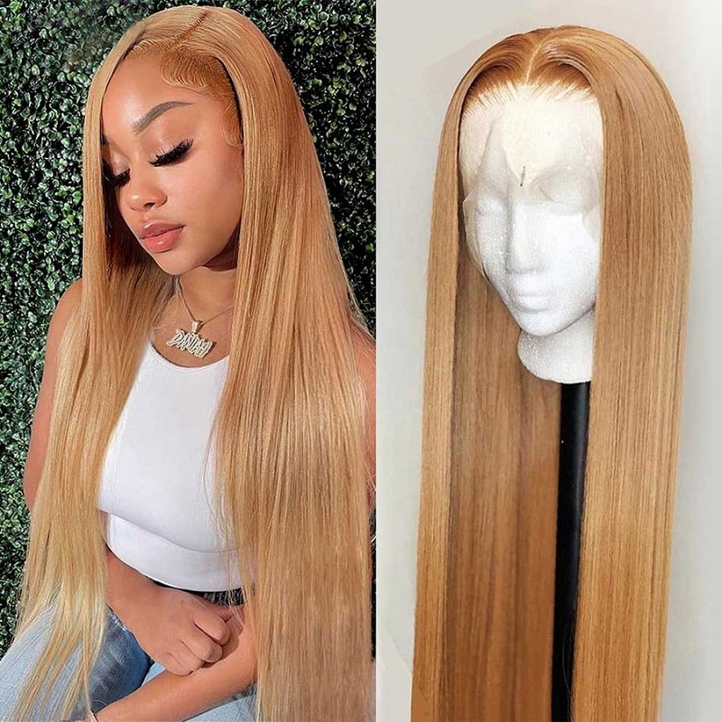 Blonde Highlights Lace Front Wig Human Hair Transparent Wigs 180% Density