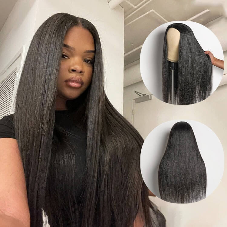3-In-1 Half Wig Yaki Straight Human Hair Glueless No Lace Wig