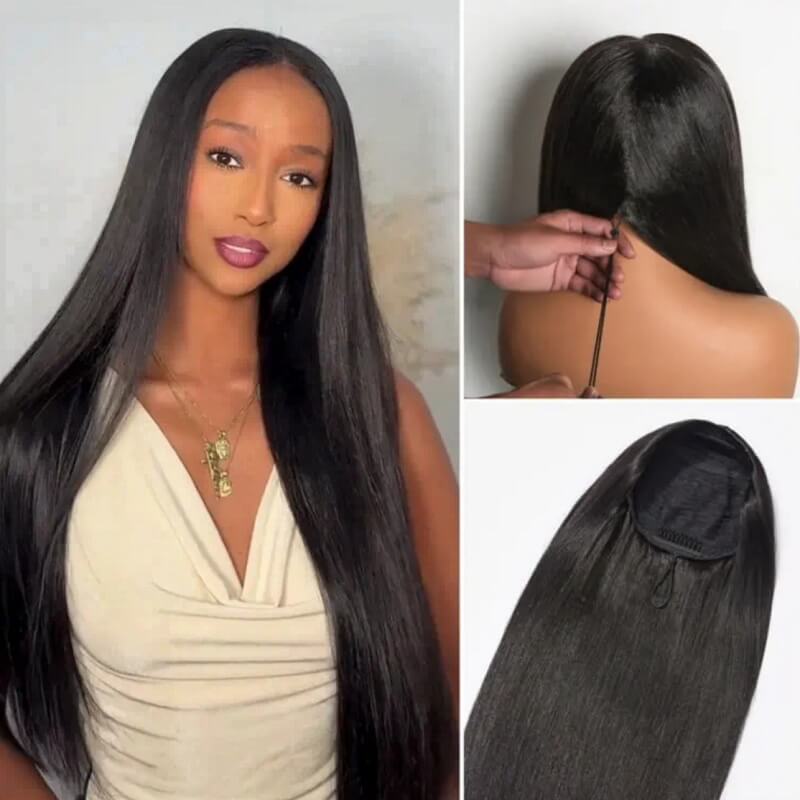 3-In-1 Half Wig Yaki Straight Human Hair Glueless No Lace Wig