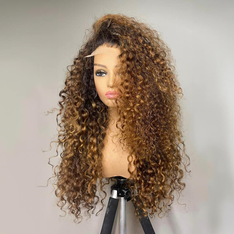 Luve Highlight Ombre Brown Curly Human Hair 5X5 HD Lace Closure Wigs