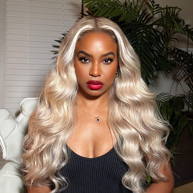 Luve Ash Blonde Highlight  Wave Human Hair Lace Front Wigs  Summer Wigs