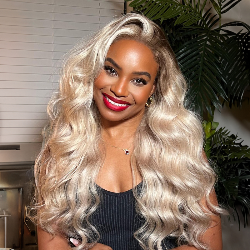 Luve Ash Blonde Highlight  Wave Human Hair Lace Front Wigs  Summer Wigs
