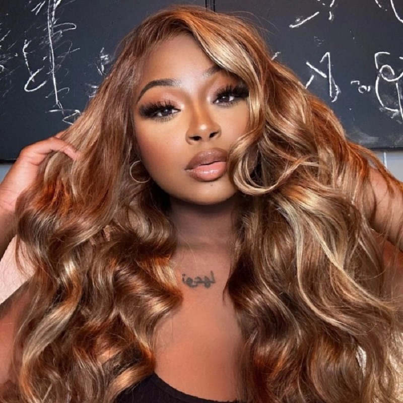 Golden Brown With Highlights Loose Wave 13X4 Lace Full Front Wig Human Hair