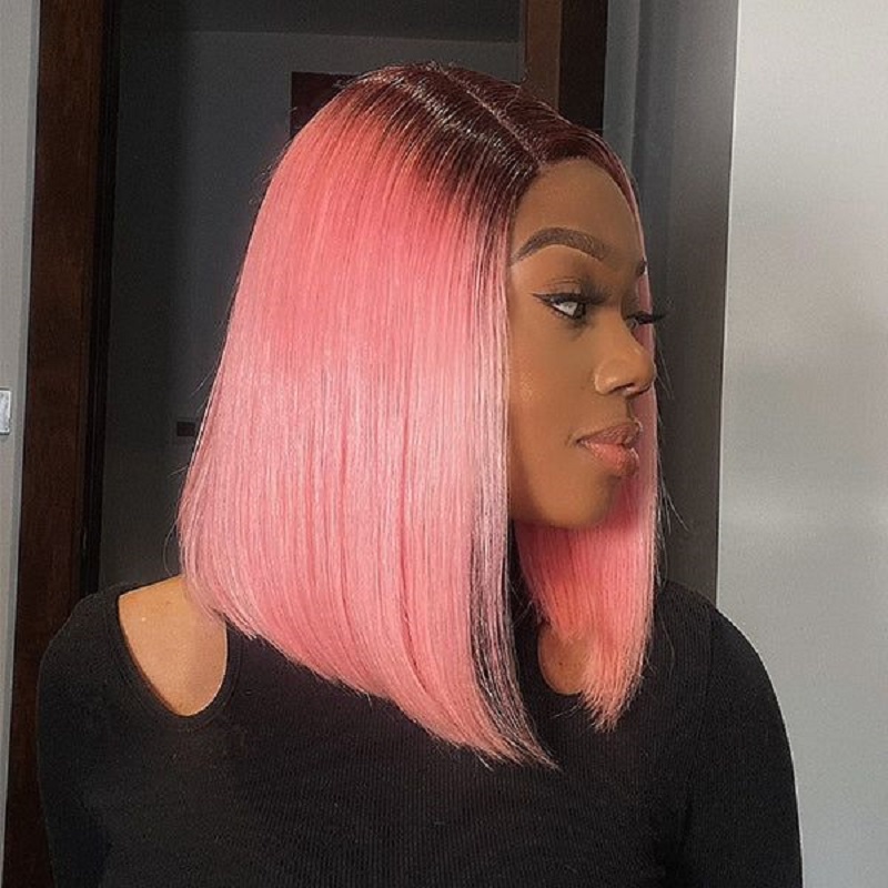 Luve Short Bob Wig Light Pink Ombre 5X5 Closure  Wig Human hair