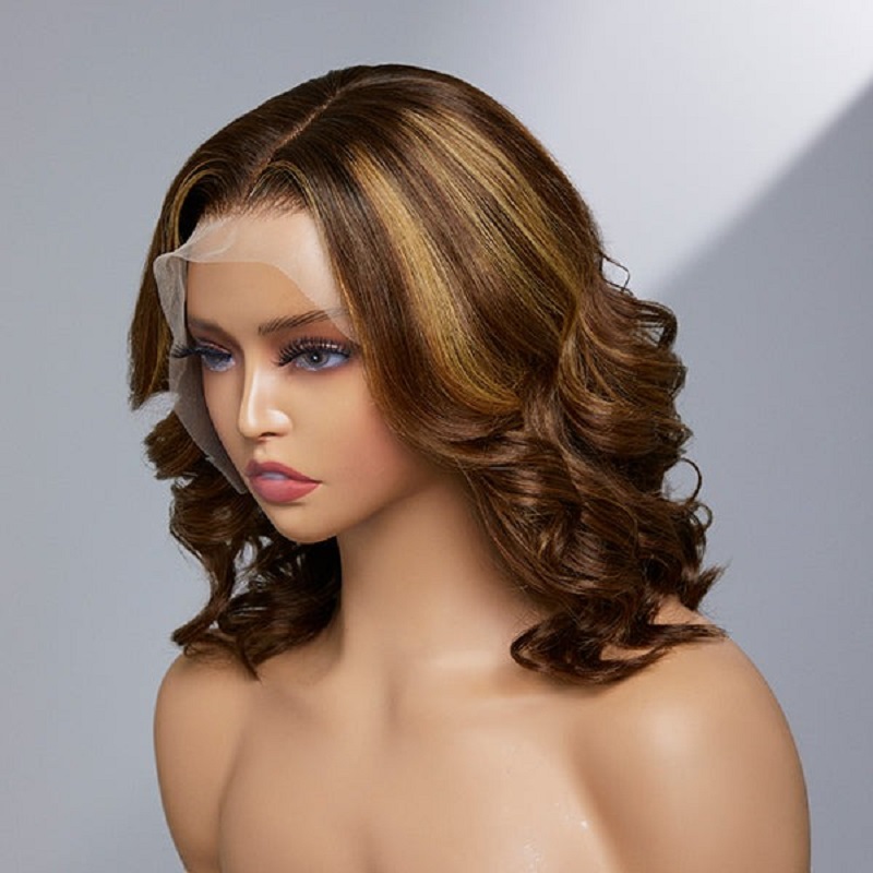 Loose Wave Brown Mix Highlight 13X4 Frontal Lace Mid Part Short Bob Wig