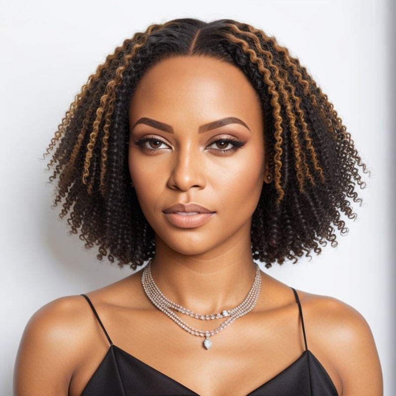 Luve Highlight Afro Curls Glueless Bob 5x5 Closure Lace Human hair Wig