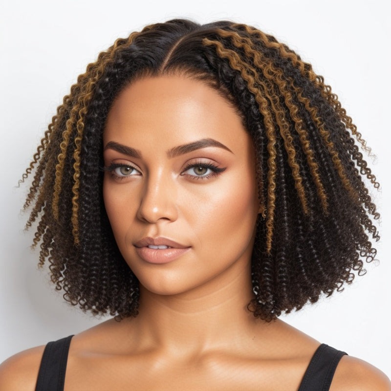 Luve Highlight Afro Curls Glueless Bob 5x5 Closure Lace Human hair Wig