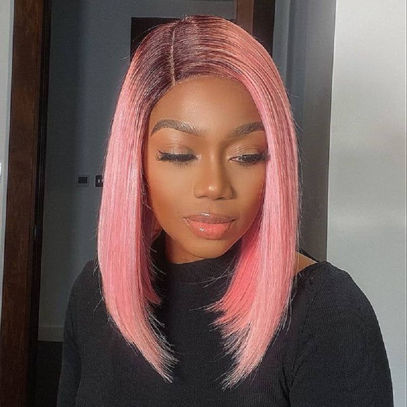 Luve Short Bob Wig Light Pink Ombre 5X5 Closure  Wig Human hair