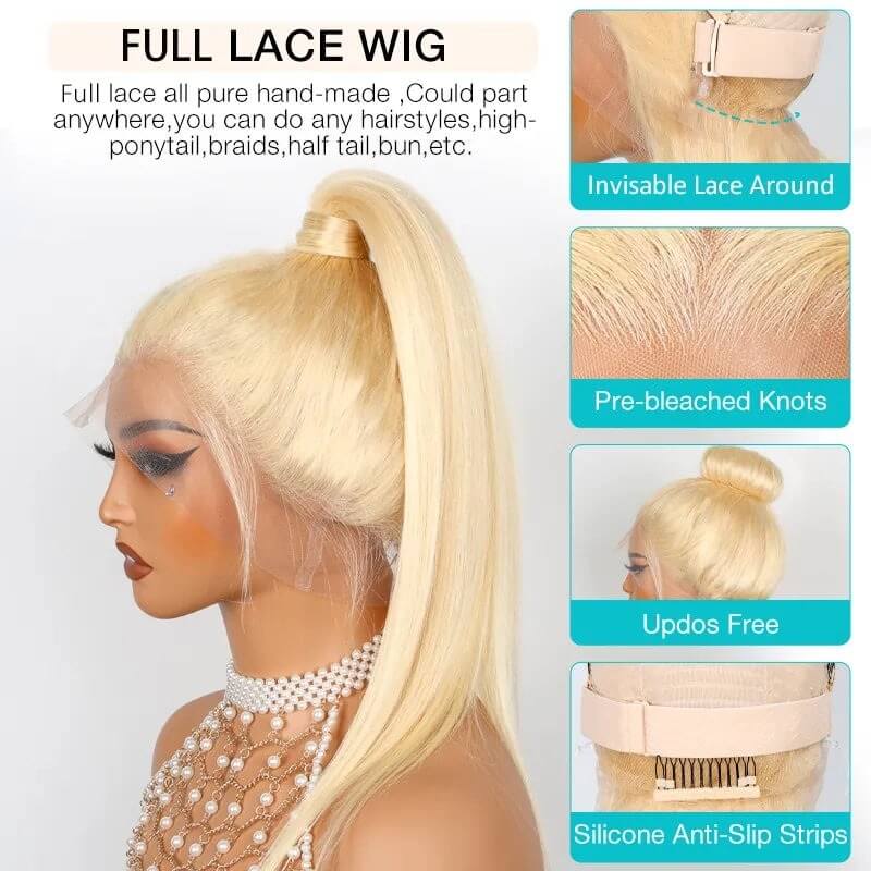 613 Blonde Straight Parting-Max Full Lace Invisi Drawstring Human Hair Wig
