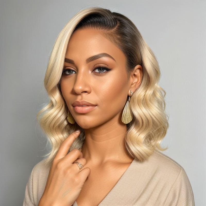 Luve 613 Ombre Blonde Dark Root Body Wave Bob HD Lace Front Wig