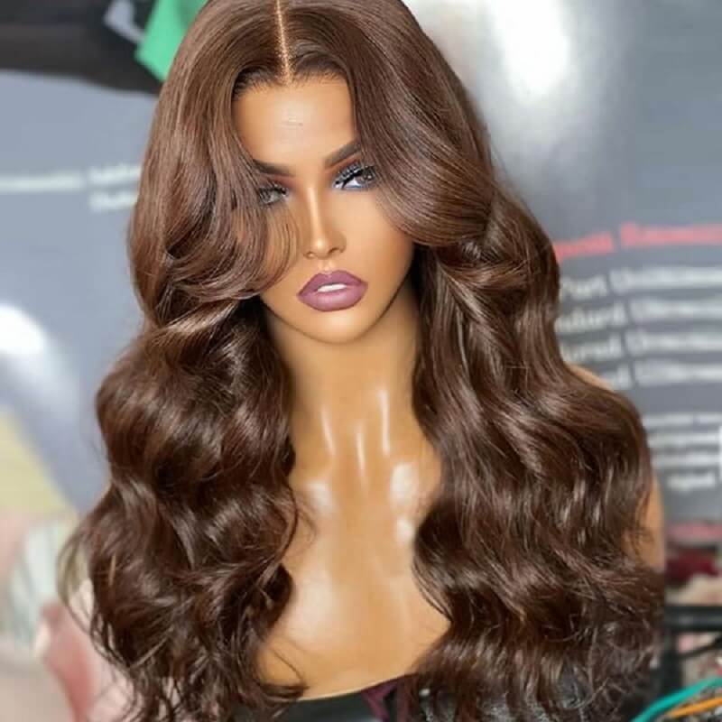 Luve Stylish Layered Bangs Chestnut Brown Loose Wave 5×5 Closure Lace Wig With Bangs