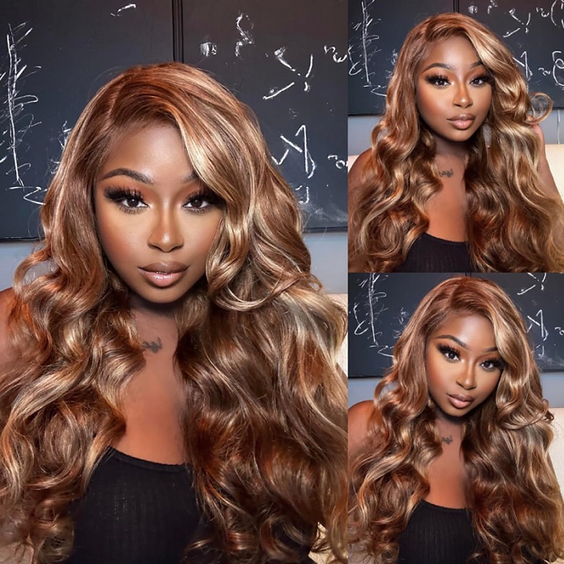 Golden Brown With Highlights Loose Wave 13X4 Lace Full Front Wig Human Hair