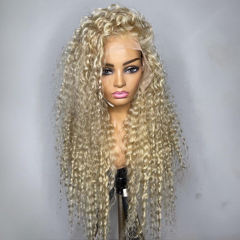 Luve 613 Platinum Beige Blonde Glueless Lace Front Wig  Water Wave 100% Human Hair