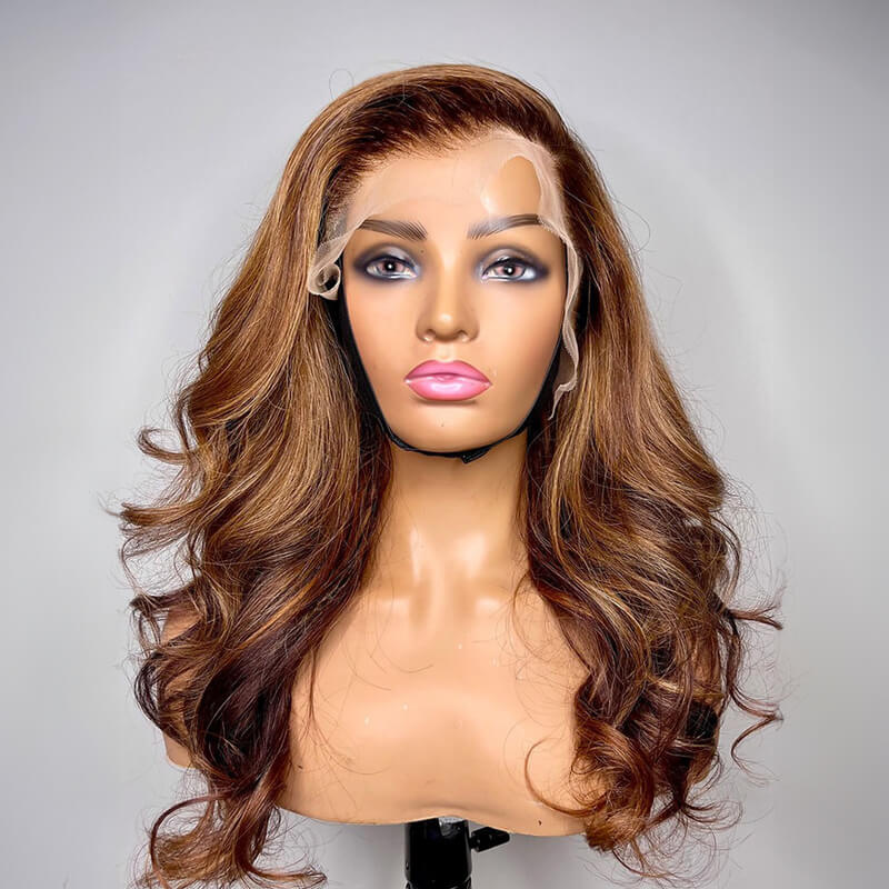 Luve Honey Brown With Blonde Highlights Virgin Hair Body Wave HD Lace Frontal Wigs